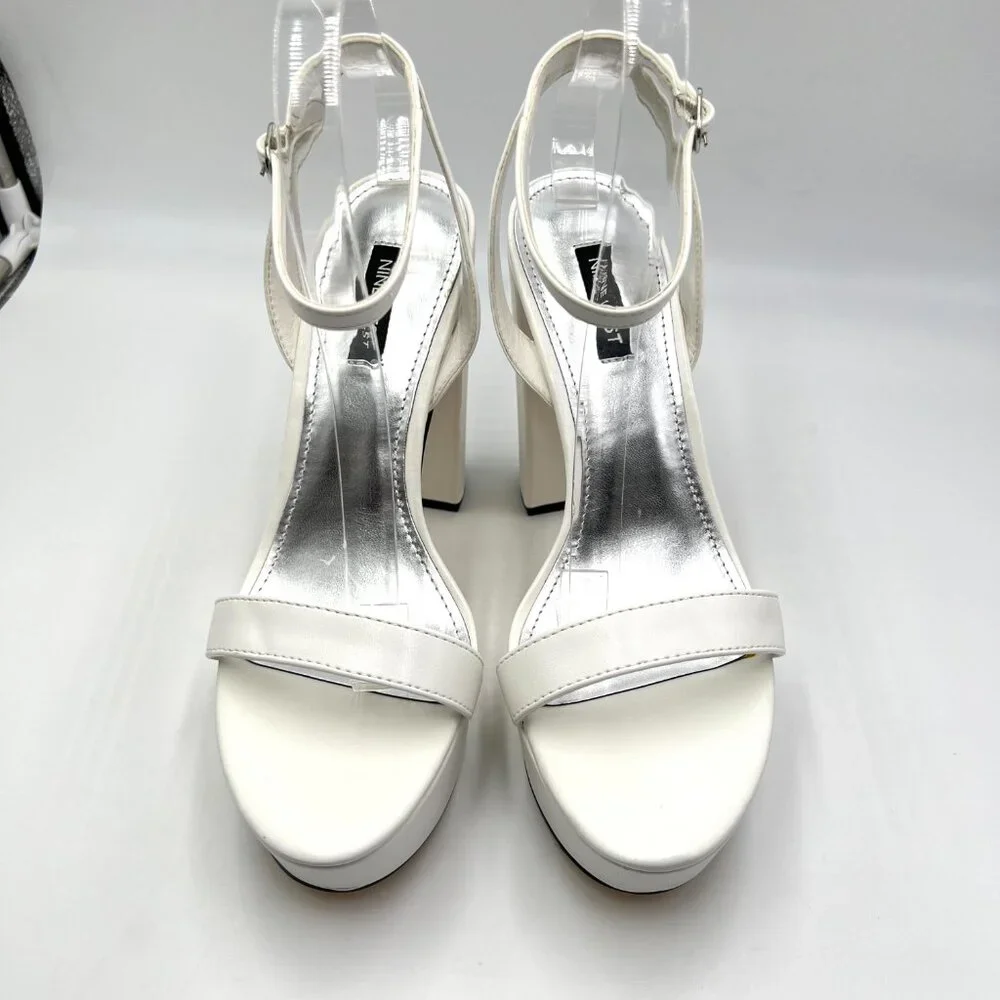 Nine West‎ Size 8.5 Uknow White Faux Vegan Leather Platform Sandals Heels Shoes